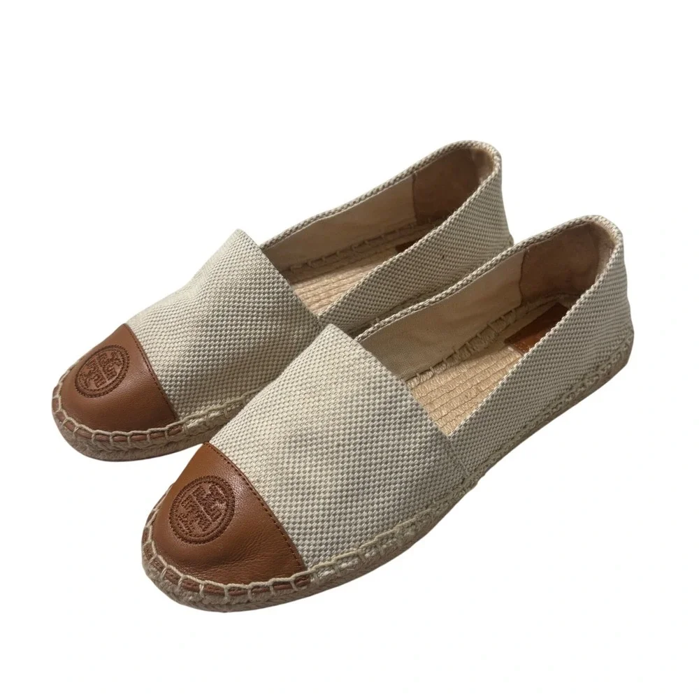 Tory Burch Canvas Leather Espadrilles Womens 6 Natural Ambra Excellent Logo Flat